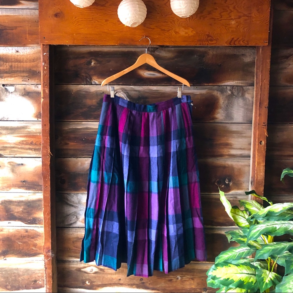 Vintage wool skirt 14 large purple magenta teal pleated wool blend Chimney Ridge